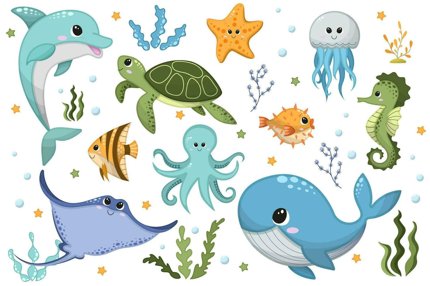 Vektor Karikatur Illustration von süß glücklich Meer Tiere zum Design Element auf Weiß Hintergrund. Delfin, Wal, Krake, Qualle, Stachelrochen, Seestern, Seepferdchen, Schildkröte, Algen, Wasser Glühbirnen, Puffer Fisch.