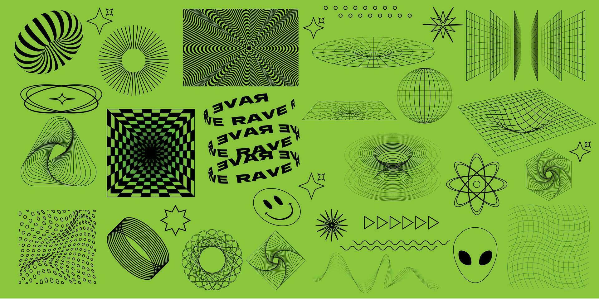 Rave psychedelisch Acid einstellen mit Lächeln Aufkleber. trippy Abbildungen im modisch seltsam 90er Jahre Stil. Acid Grün Rave trippy Neon- Elemente. vektor