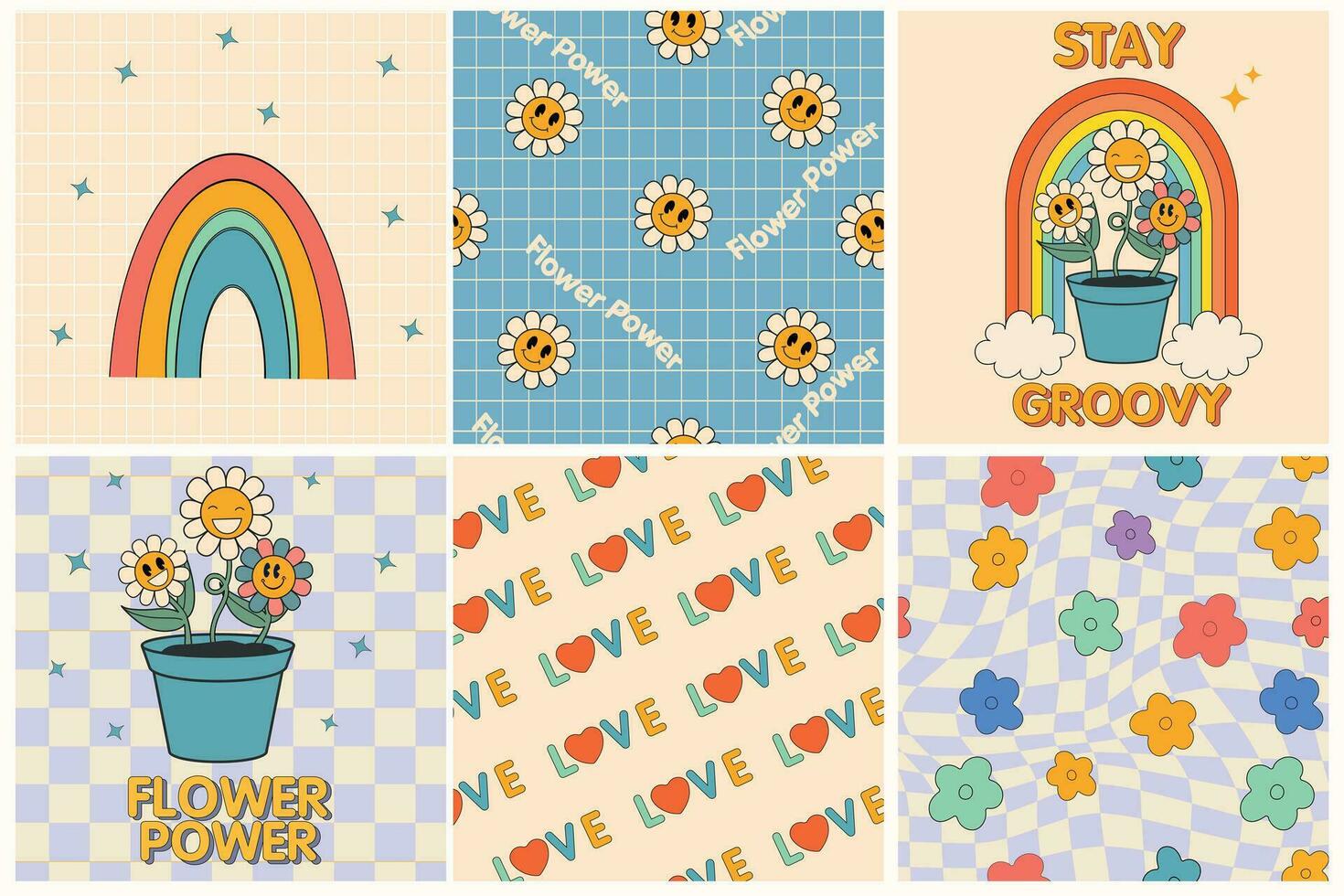 groovig Hippie 70er Jahre Plakate. komisch Karikatur Blume, Regenbogen, Liebe, Gänseblümchen usw. Vektor Karten im modisch retro psychedelisch Karikatur Stil. Vektor Hintergründe. Blume Leistung. bleibe groovig. gut Stimmung