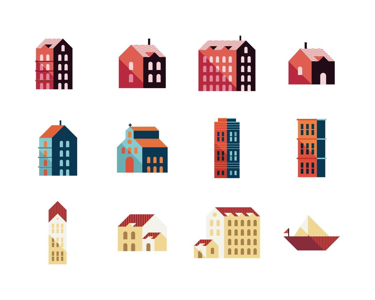 Bündel von elf Gebäuden und Segelboot-Minimal-City-Set-Icons vektor