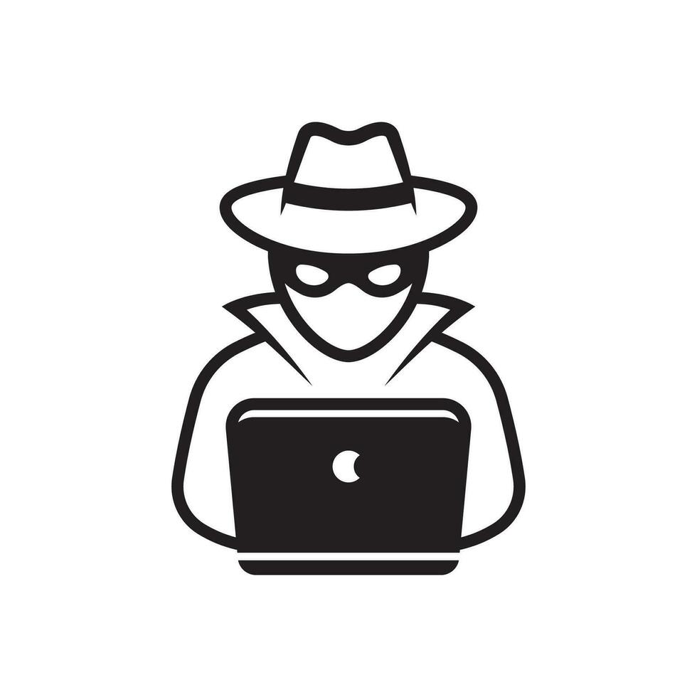 Computer Hacker mit Laptop Symbol, Spion Agent isoliert auf Weiß. vektor