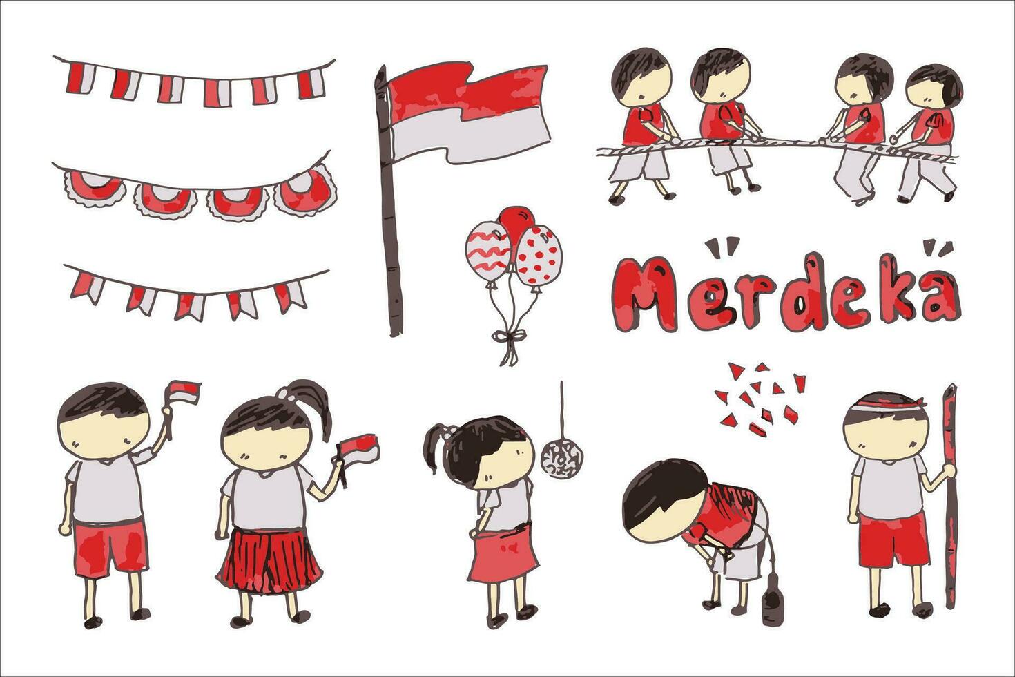 indonesisch Unabhängigkeit Tag Linie Zeichnung Element vektor