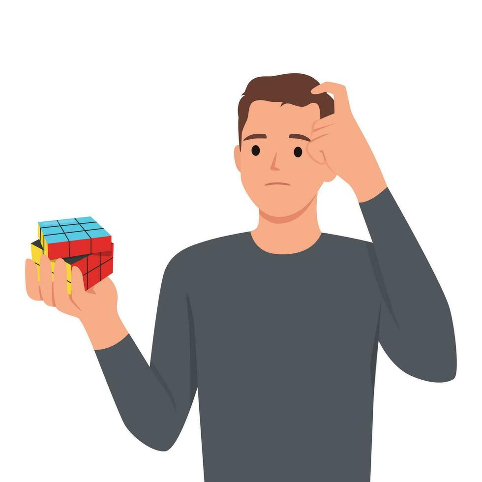 förvirrad ung man spelar rubiks kub. kliar sig hans huvud. vektor