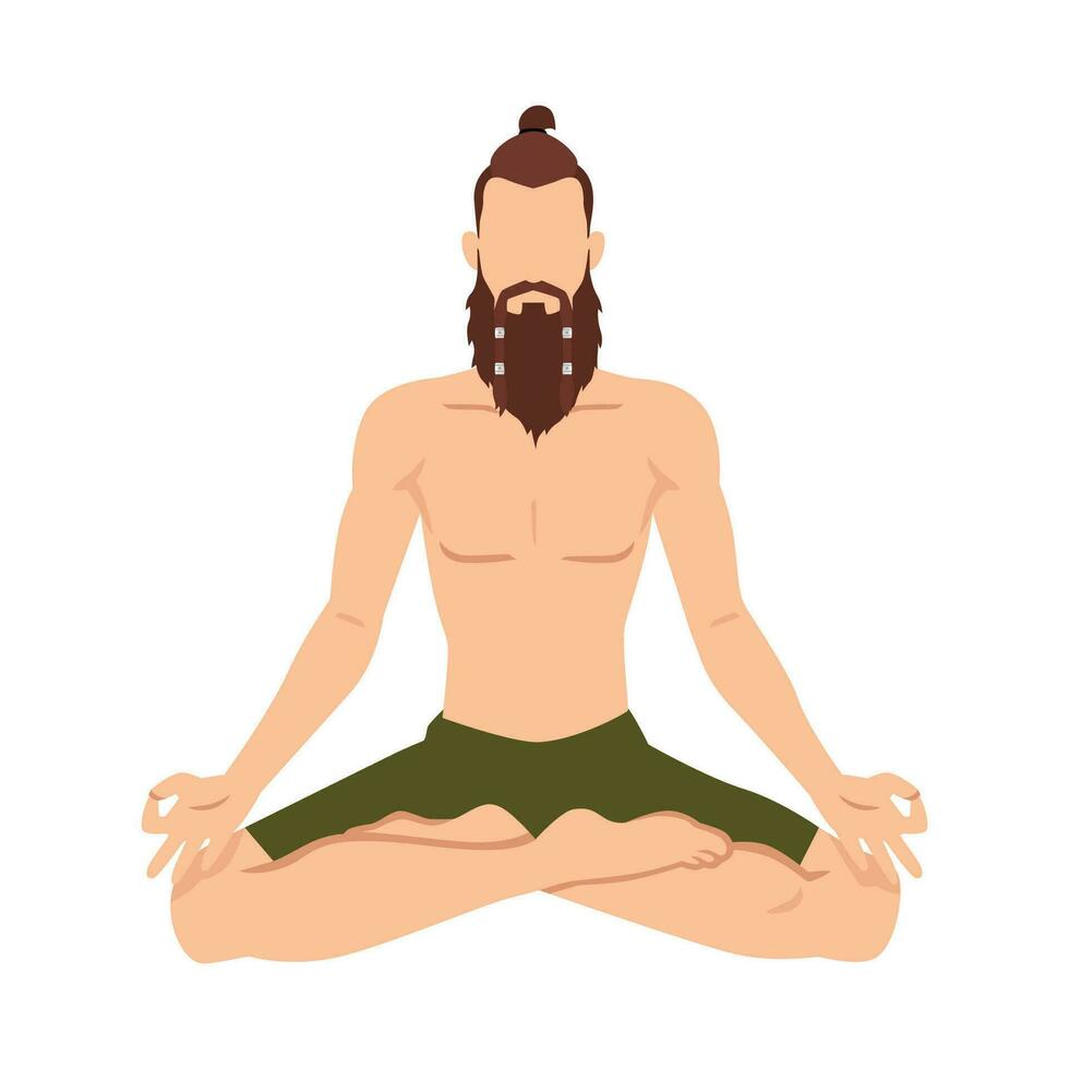 ein Mann sitzt im ein Lotus Position, tut Yoga, isoliert auf ein Weiß Hintergrund. Hipster meditiert vektor