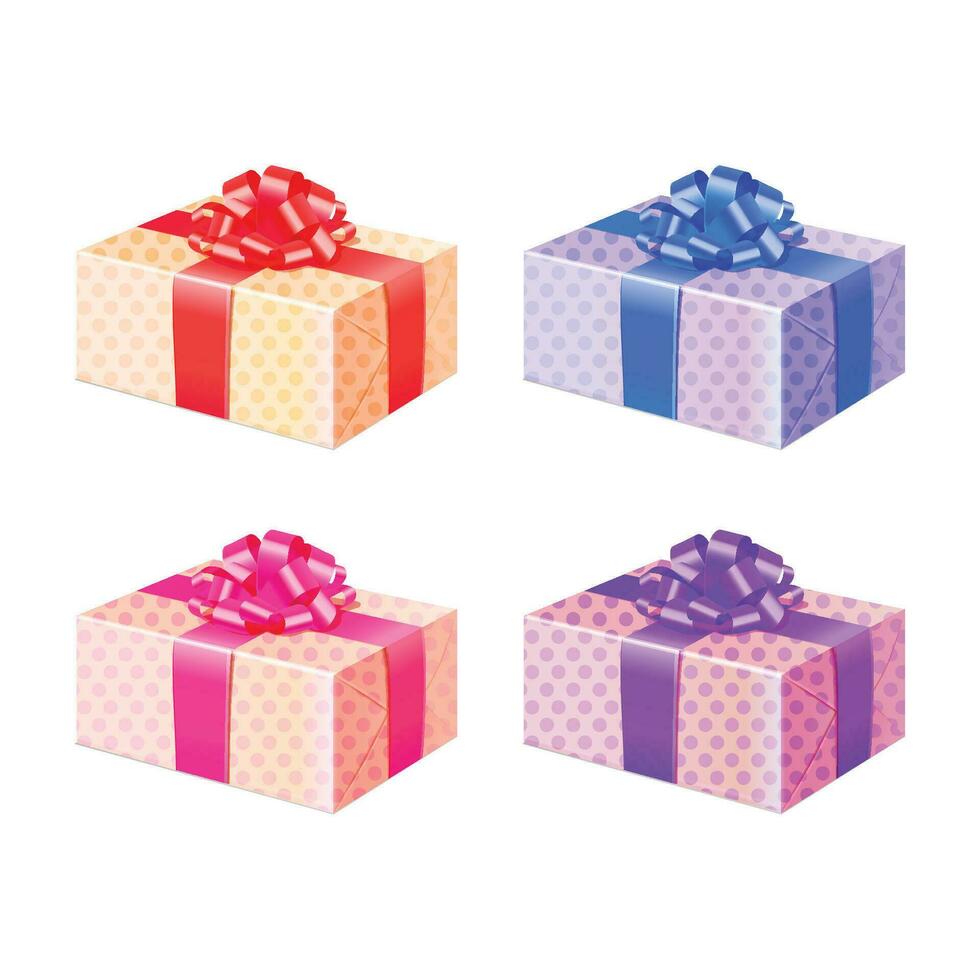 Vektor bunt Geschenk Kisten Satz. Weihnachten oder Geburtstag die Geschenke mit bunt wickeln, Bänder und Bögen Gruß Karten Elemente