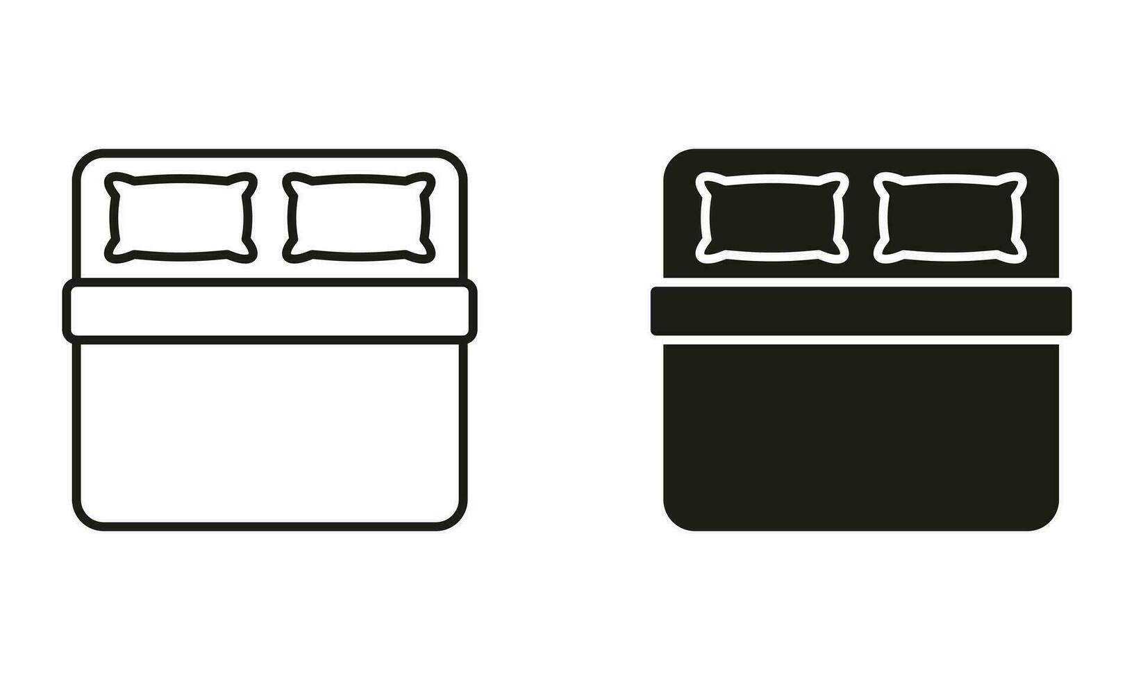 dubbel- rum i vandrarhem, hotell, lägenhet tecken. dubbel- säng linje och silhuett svart ikon uppsättning. kudde och filt piktogram. sovrum symbol samling på vit bakgrund. isolerat vektor illustration.