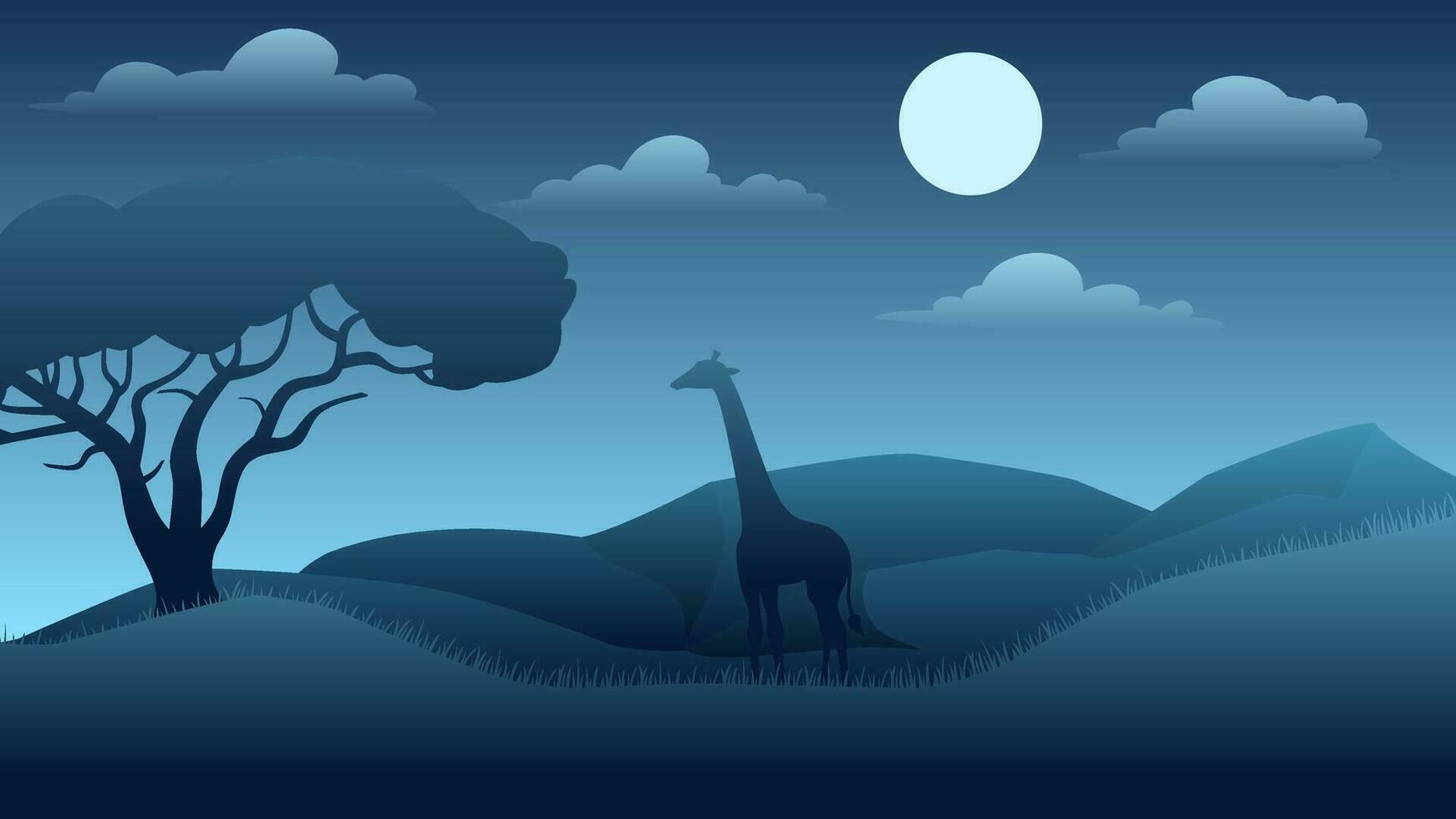 Tierwelt Landschaft Vektor Illustration. Tierwelt Landschaft beim Nacht mit Giraffe und afrikanisch Baum. Tierwelt Landschaft Panorama zum Hintergrund, Hintergrund, Anzeige oder Landung Seite