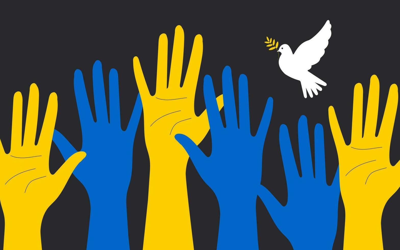 das Hände von das Menge sind angehoben oben im National Farben von das Flagge von Ukraine beten zum Frieden und ein Weiß Taube im das Himmel auf ein horizontal schwarz Hintergrund. Vektor. vektor