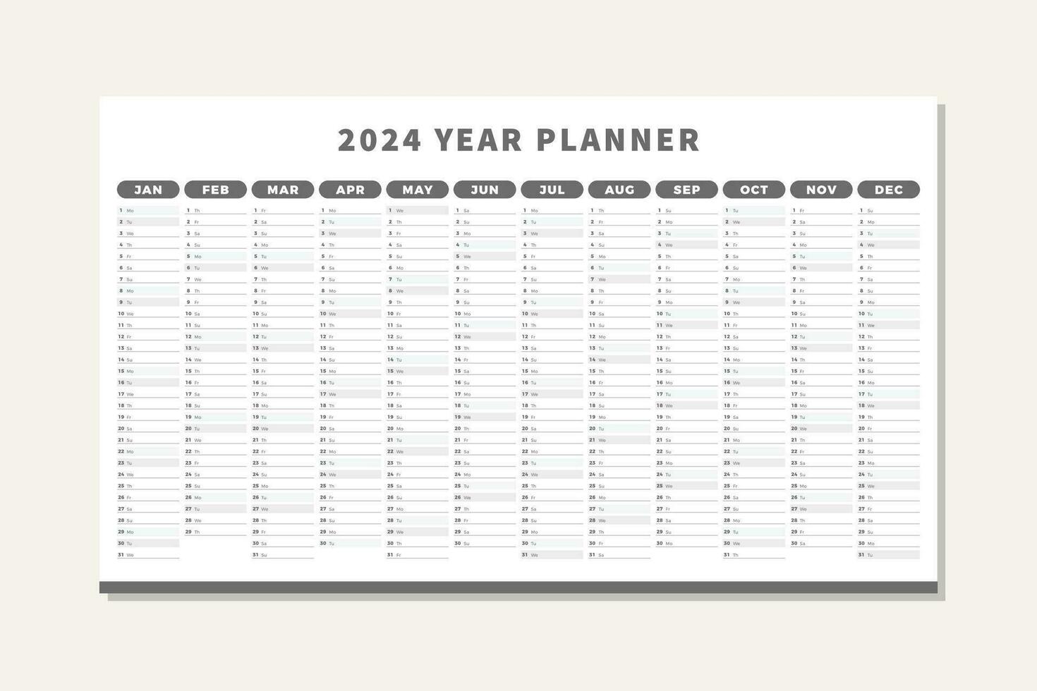 2024 år planerare kalender i mörk grå vektor design mall