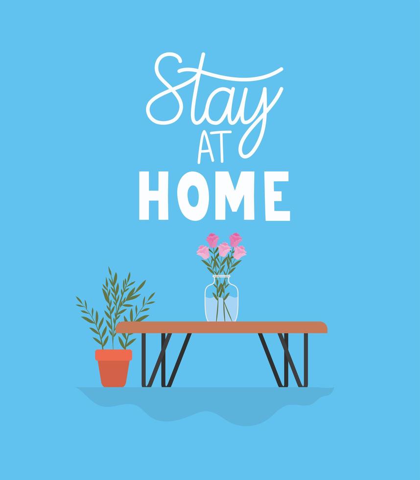 Bleiben Sie zu Hause Schriftzug auf blauem Hintergrund mit Pflanzen in einem Topf vektor