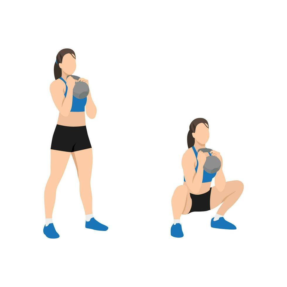 Frau tun Kettlebell Kelch Hocken Übung. eben Vektor Illustration isoliert auf Weiß Hintergrund. trainieren Charakter einstellen