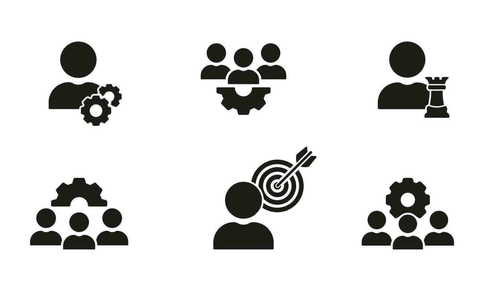 strategisch Zielsetzung Silhouette Symbole Satz. Effizienz Zusammenarbeit und Zusammenarbeit Glyphe Piktogramm Sammlung. Unternehmer Ziel solide unterzeichnen. Verwaltung Symbol Sammlung. isoliert Vektor Illustration.