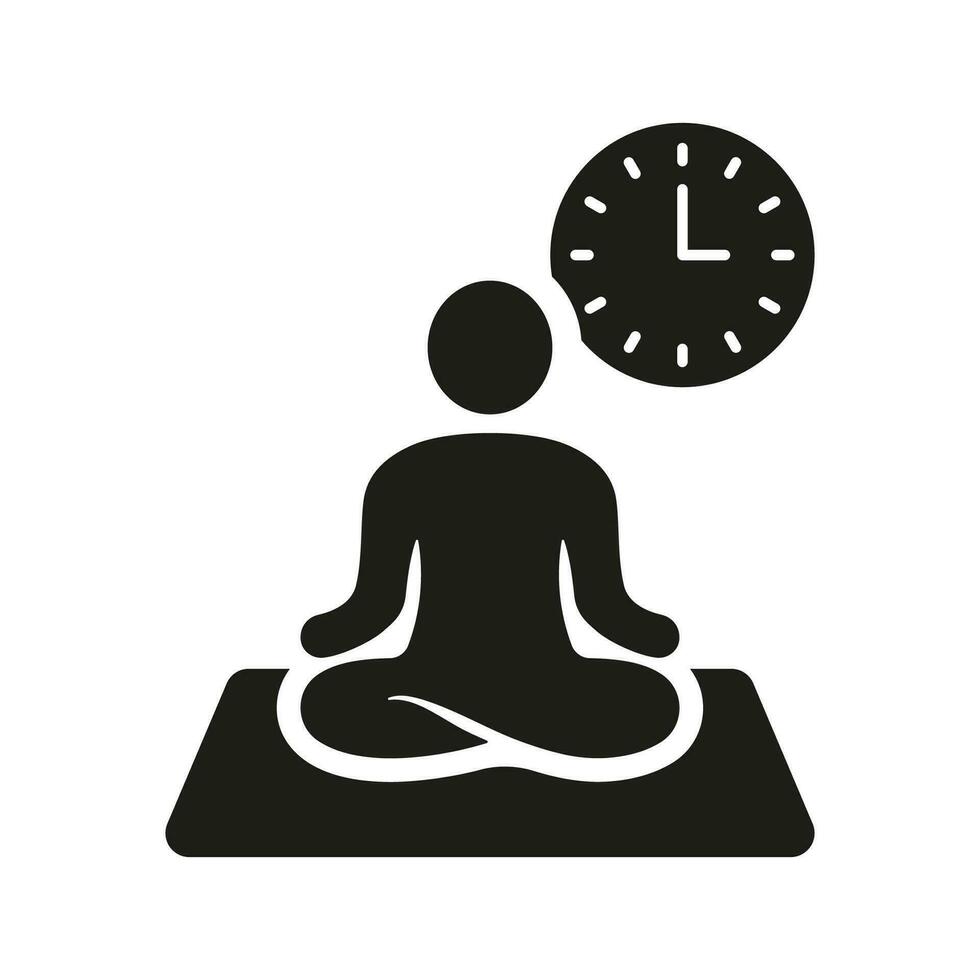 Yoga Zeit, entspannen und Meditation Silhouette Symbol. Harmonie Glyphe Piktogramm. Achtsamkeit, trainieren Alarm unterzeichnen. Person Sitzung im Lotus Pose und Uhr solide Symbol. isoliert Vektor Illustration.