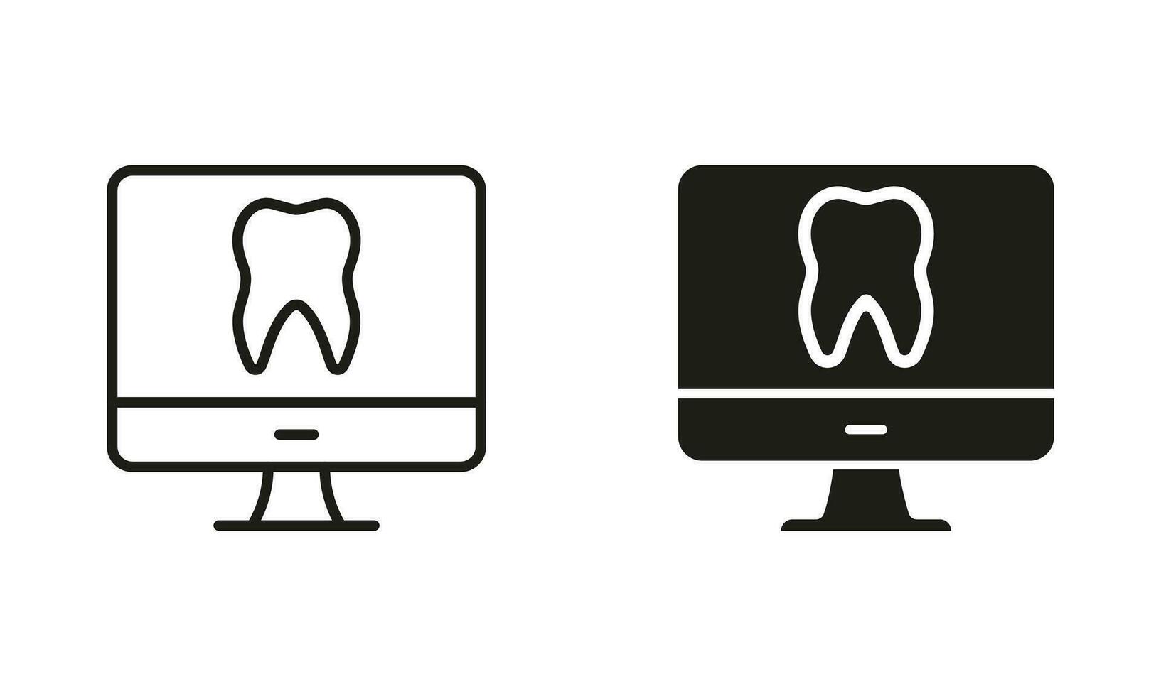 dental vård virtuell samråd. uppkopplad tandvård silhuett och linje ikon uppsättning. avlägsen tandläkare hjälp symbol. tand hälsa diagnos i dator piktogram samling. isolerat vektor illustration.