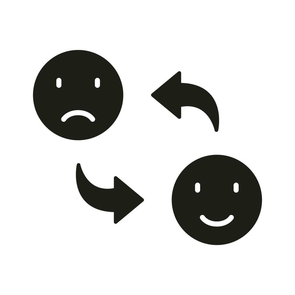 glücklich Lächeln Veränderung zu traurig Gesicht Silhouette Symbol. positiv und unzufrieden Emotion unterzeichnen. Stimmung Änderungen Glyphe Piktogramm. bipolar Emoticon Ausdruck solide Symbol. isoliert Vektor Illustration.