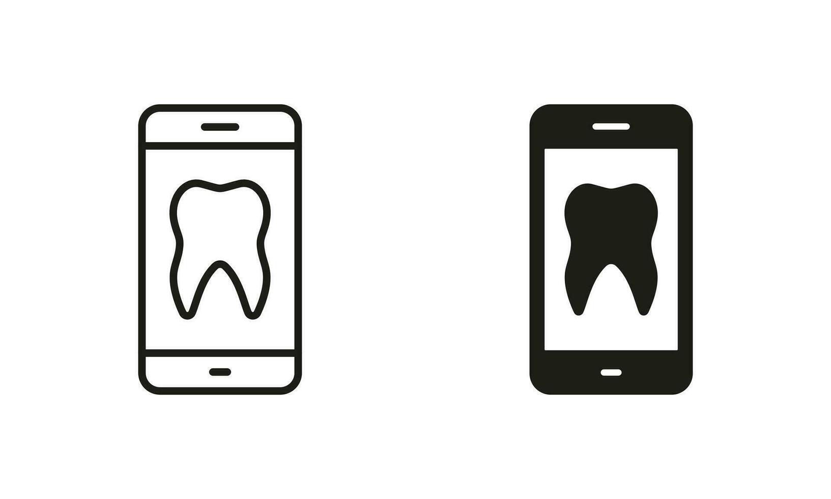 Fernbedienung Zahn Gesundheit Diagnose, Dental Pflege schwarz Piktogramm Sammlung. online Zahnarzt Hilfe im Smartphone Silhouette und Linie Symbol Satz. Zahnheilkunde Medizin im Handy, Mobiltelefon Telefon. isoliert Vektor Illustration.