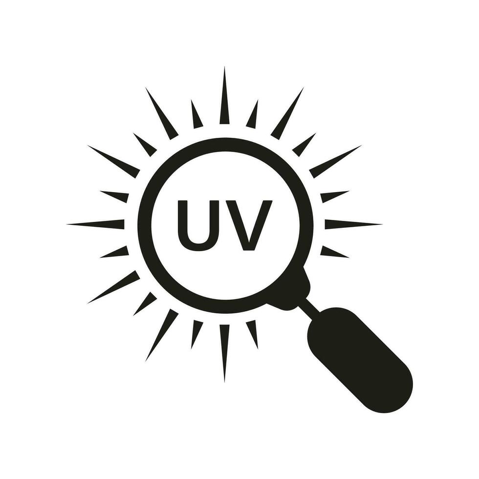 uv Symbol mit Vergrößerung Glas Silhouette Symbol. ultraviolett Strahlen Erkundung Glyphe Piktogramm. Sommer- Sonnenschein. Achtung Hitze Welle solide unterzeichnen. isoliert Vektor Illustration.