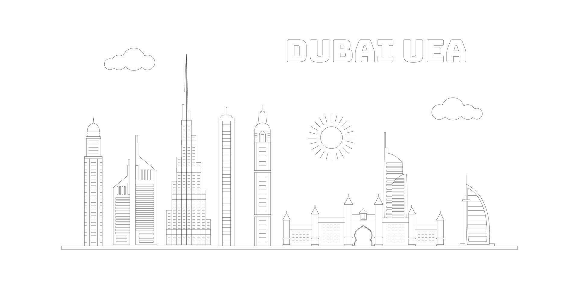 Dubai uni Emirat arabisch Stadtbild Horizont skizzieren Illustration Vektor. vektor