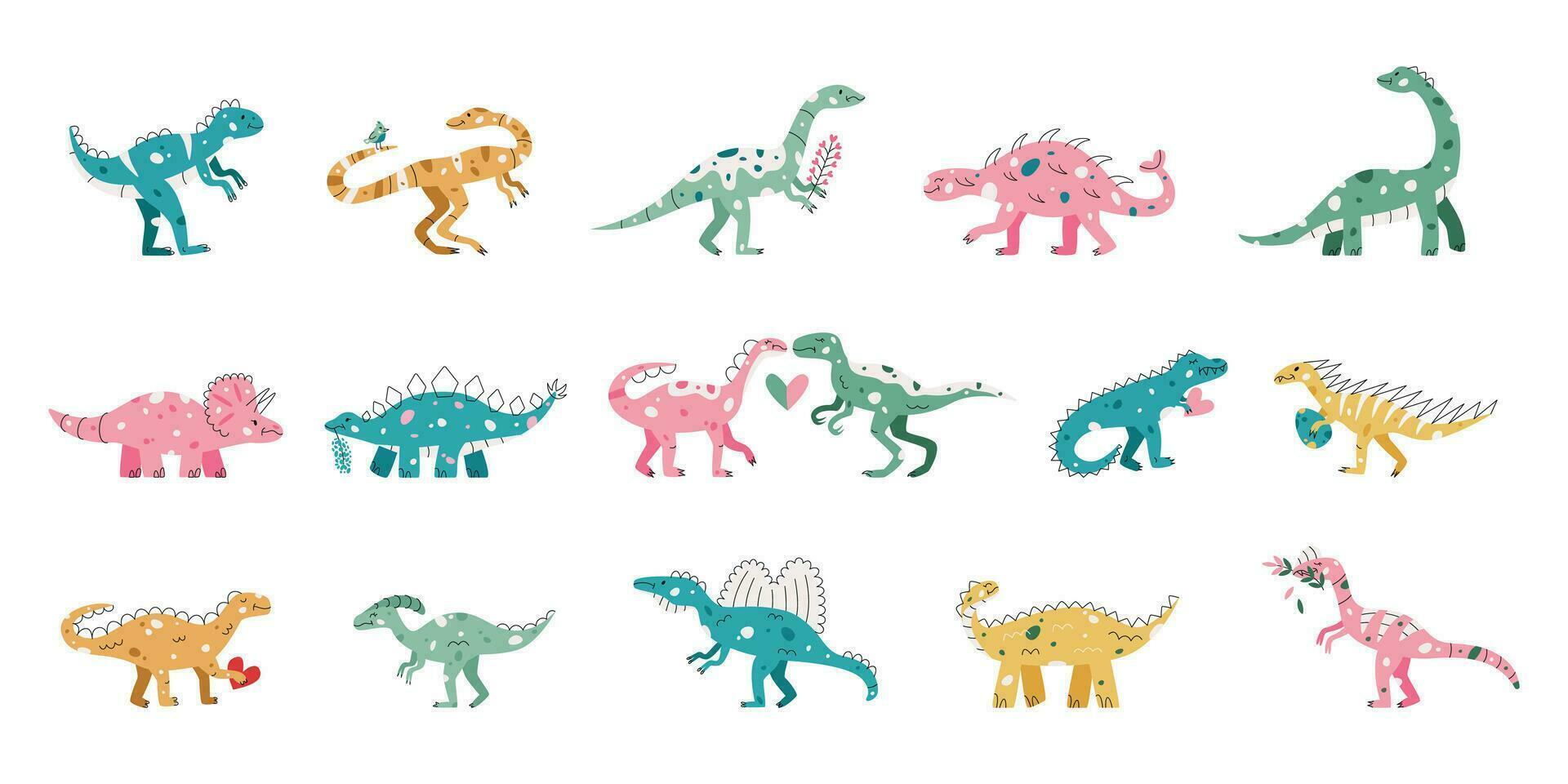 platt hand dragen vektor illustrationer av dinosaurier