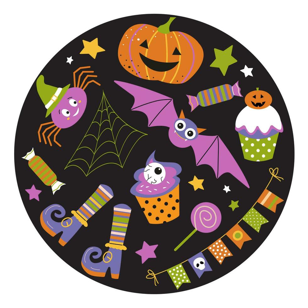 glücklich Halloween Aufkleber. einstellen von Halloween Elemente- Kuchen, komisch Kürbis, Spinne, Süssigkeit, Schuhe usw. perfekt zum Scrapbooking, Gruß Karte, Party Einladung, Poster, Schild, Aufkleber. vektor