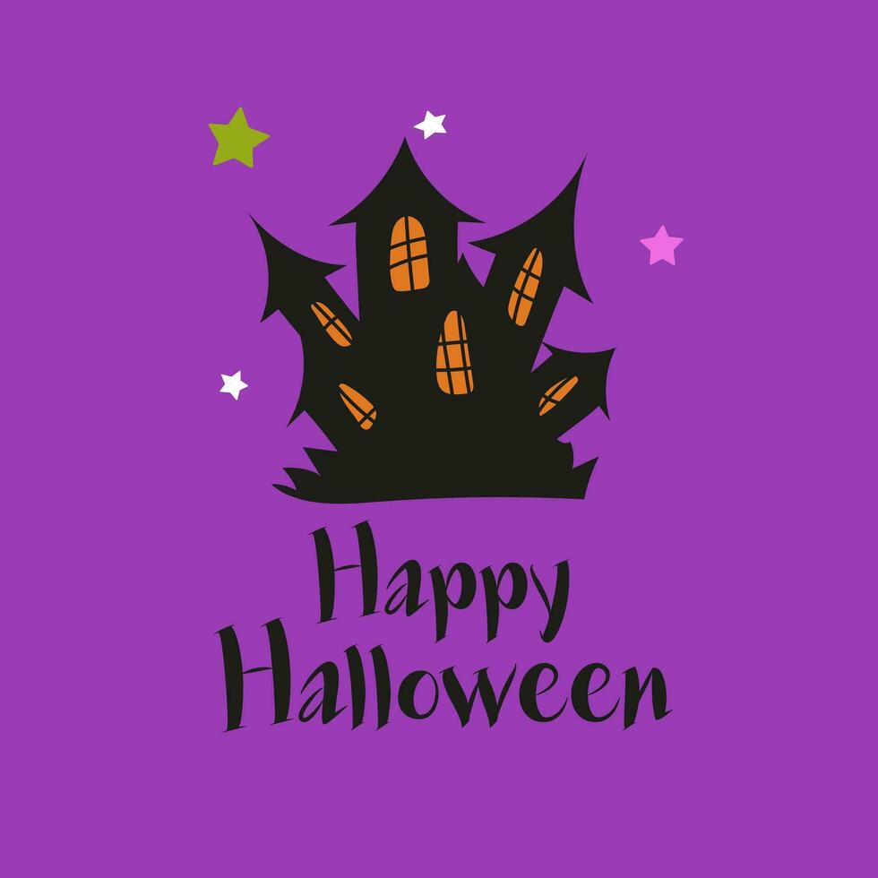 glücklich Halloween mit dunkel Schloss auf violett Hintergrund. Vektor Illustration. glücklich Halloween Karte Vorlage.