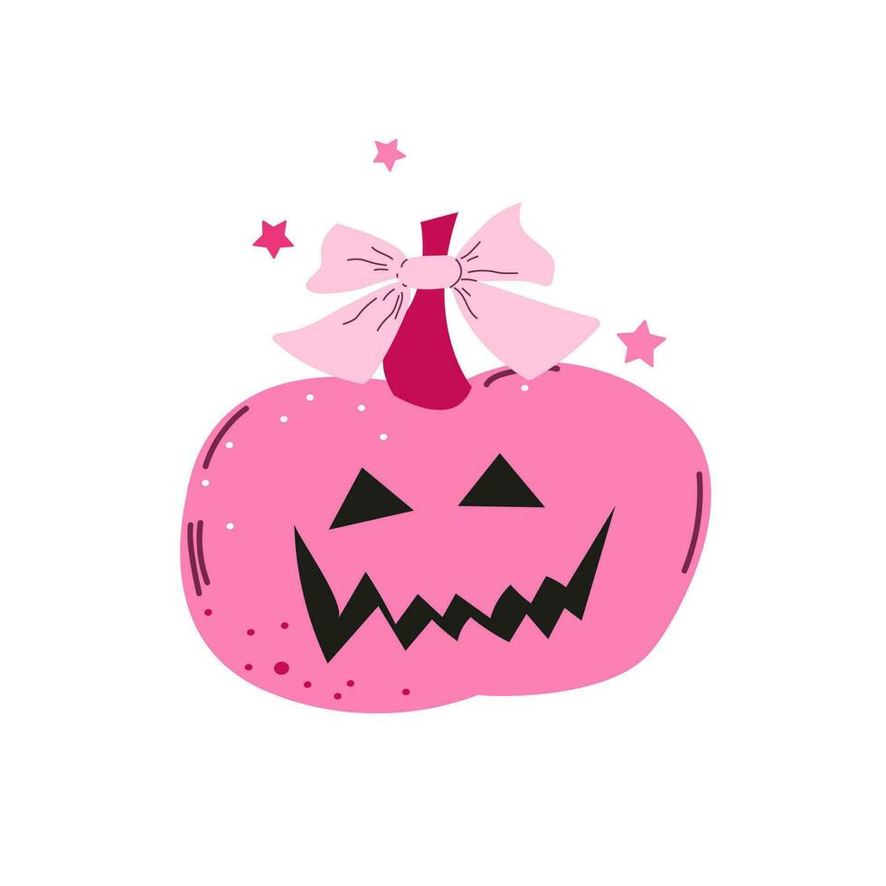 Halloween Kürbis. süß Rosa Kürbis mit ein Bogen. Symbol isoliert auf Weiß Hintergrund. Vektor Abbildung.glücklich Halloween. Mode Illustration zum Postkarte, Flyer, Banner