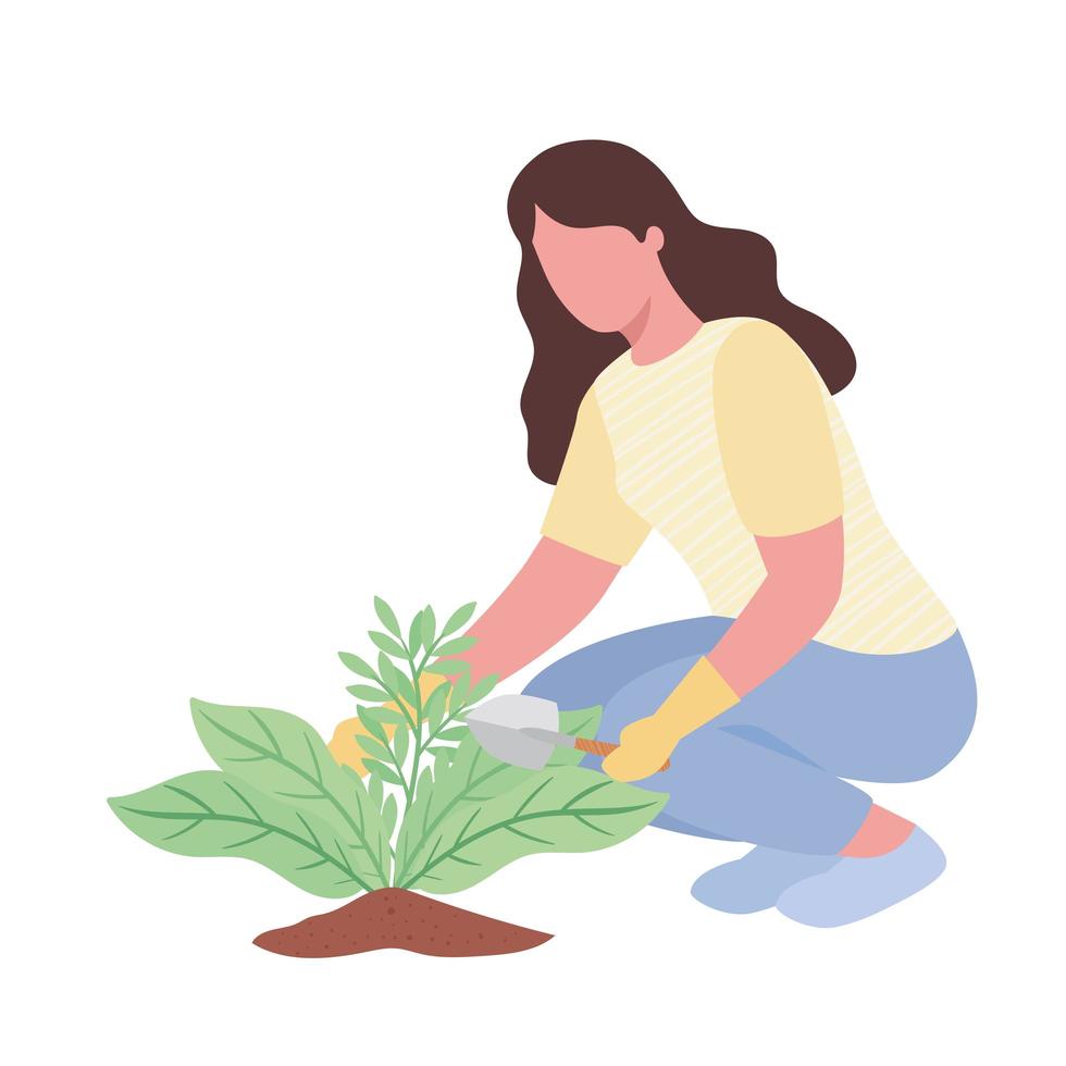 kvinna med spatel trädgårdsskötsel aktivitet karaktär vektor illustration design