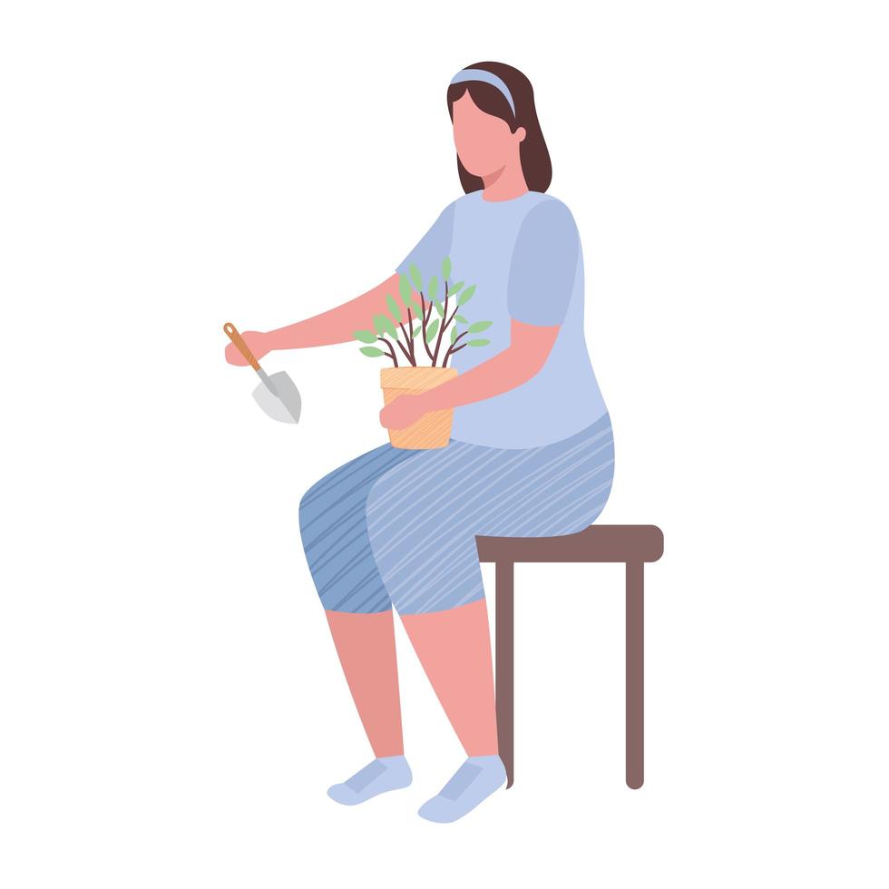 Frau mit Zimmerpflanze und Spachtel Gartenarbeit Charakter Vector Illustration Design