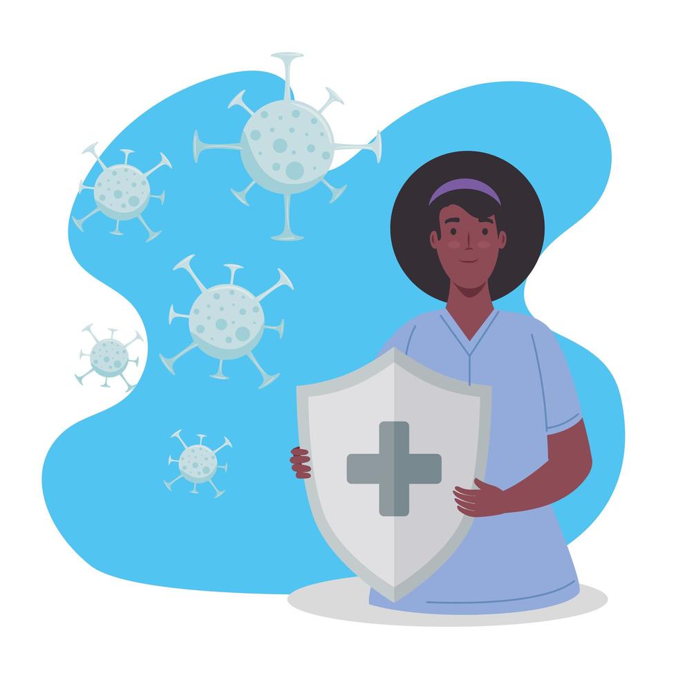 schwarze Frau hebt Schild mit Covid19-Partikeln Immunsystem Vector Illustration Design