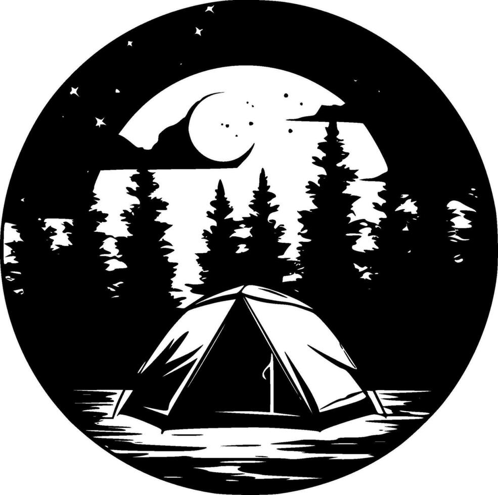 camping - svart och vit isolerat ikon - vektor illustration