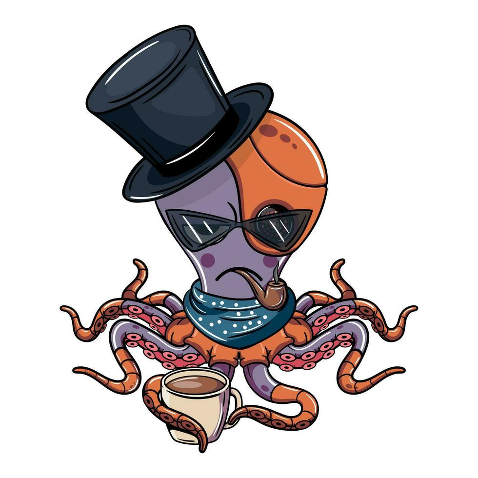 tecknad serie arg cyborg bläckfisk karaktär rökning en rör med en kopp av kaffe. illustration för fantasi, vetenskap fiktion och äventyr serier vektor