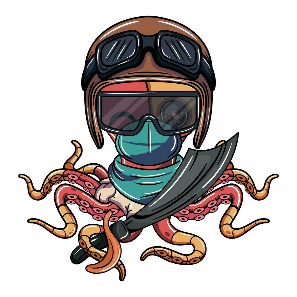 tecknad serie karaktär av bläckfisk cyborg flygplan pilot med glasögon, mask och pirat svärd. illustration för fantasi, vetenskap fiktion och äventyr serier vektor