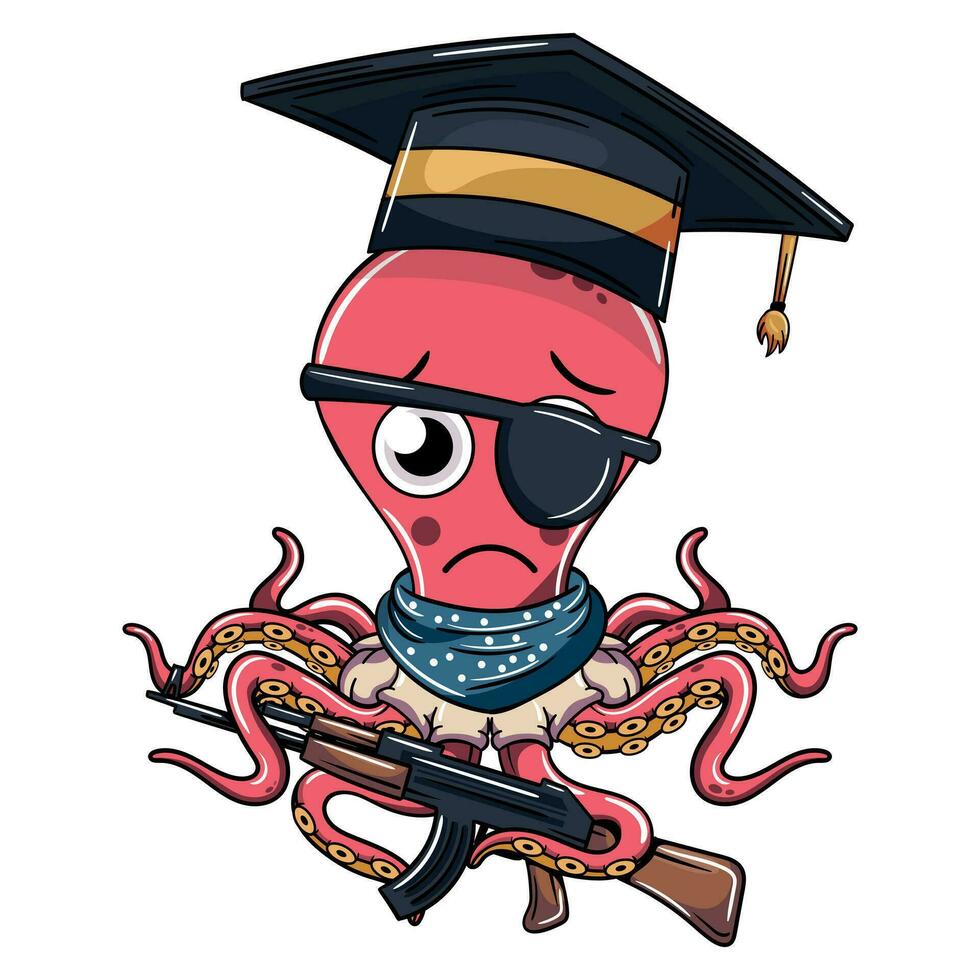 tecknad serie ledsen bläckfisk karaktär med gradering keps och en hagelgevär i hans tentakel. illustration för fantasi, vetenskap fiktion och äventyr serier vektor