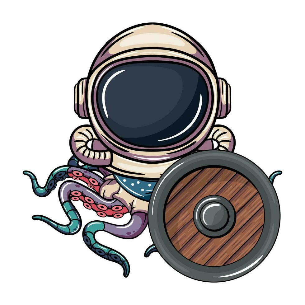 Karikatur Tintenfisch Cyborg Astronaut Charakter mit Schutz Schild. Illustration zum Fantasie, Wissenschaft Fiktion und Abenteuer Comics vektor