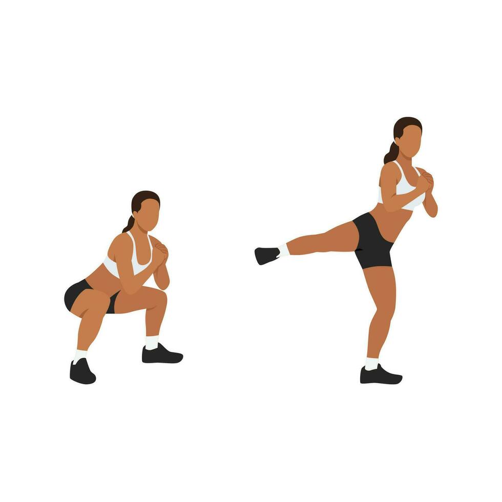 kvinna håller på med knäböj sida sparka träning. platt vektor illustration isolerat på vit bakgrund