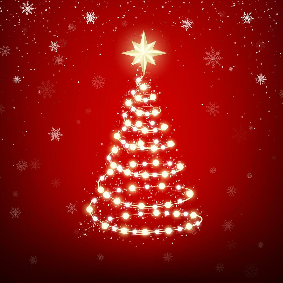 Girlande im bilden von Weihnachten Baum mit Star auf rot Hintergrund. Weihnachten glühend Girlande. Urlaub dekorativ Design Elemente. Girlanden Dekorationen. Vektor
