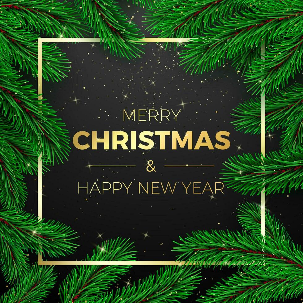 glad jul och Lycklig ny år hälsning kort. jul träd grenar på mörk bakgrund med gyllene ram. Semester dekoration element. vektor illustration