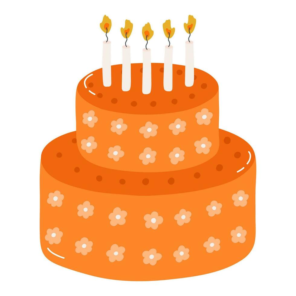 süß Geburtstag Kuchen mit Verbrennung Kerzen. Dessert zum Feier, Jubiläum, Hochzeit. stilisiert Vektor Illustration von Urlaub Cupcake. modisch Hand gezeichnet Clip Art im das skandinavisch Stil