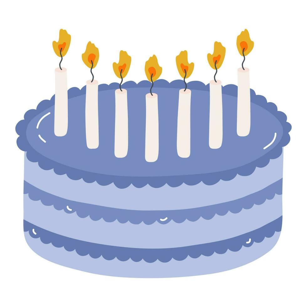 süß Geburtstag Kuchen mit Verbrennung Kerzen. Dessert zum Feier, Jubiläum, Hochzeit. stilisiert Vektor Illustration von Urlaub Cupcake. modisch Hand gezeichnet Clip Art im das skandinavisch Stil
