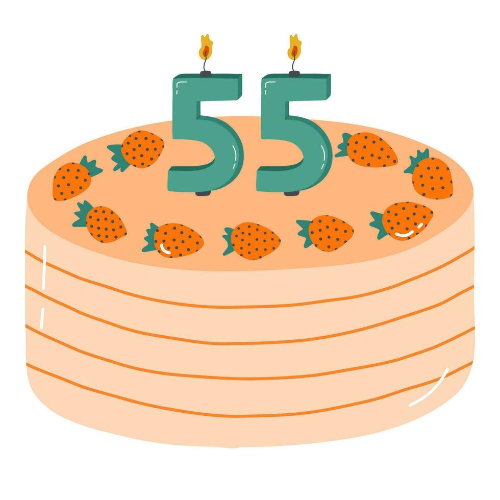 süß Geburtstag Kuchen mit Verbrennung Kerzen im das bilden von Zahlen. Dessert zum Feier jeder Jahr von Geburt, Jubiläum. stilisiert Hand gezeichnet Clip Art von Urlaub Cupcake im das skandinavisch Stil vektor