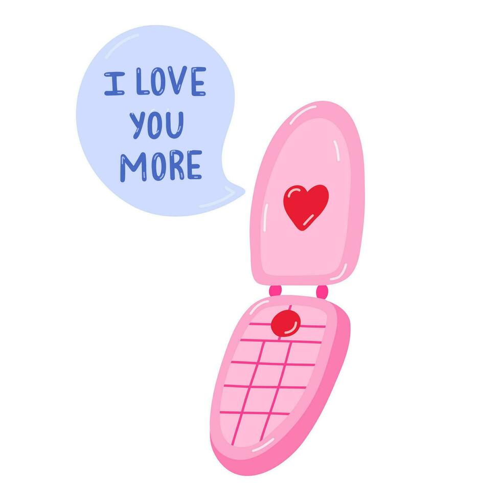 retro Telefon Clip Art mit Botschaft Blase mit Beschriftung ich Liebe Sie mehr. Valentinstag Tag Konzept. Präfekt zum Aufkleber, Sozial Medien, Poster, Gruß Karte. Hand gezeichnet isoliert Vektor Illustration