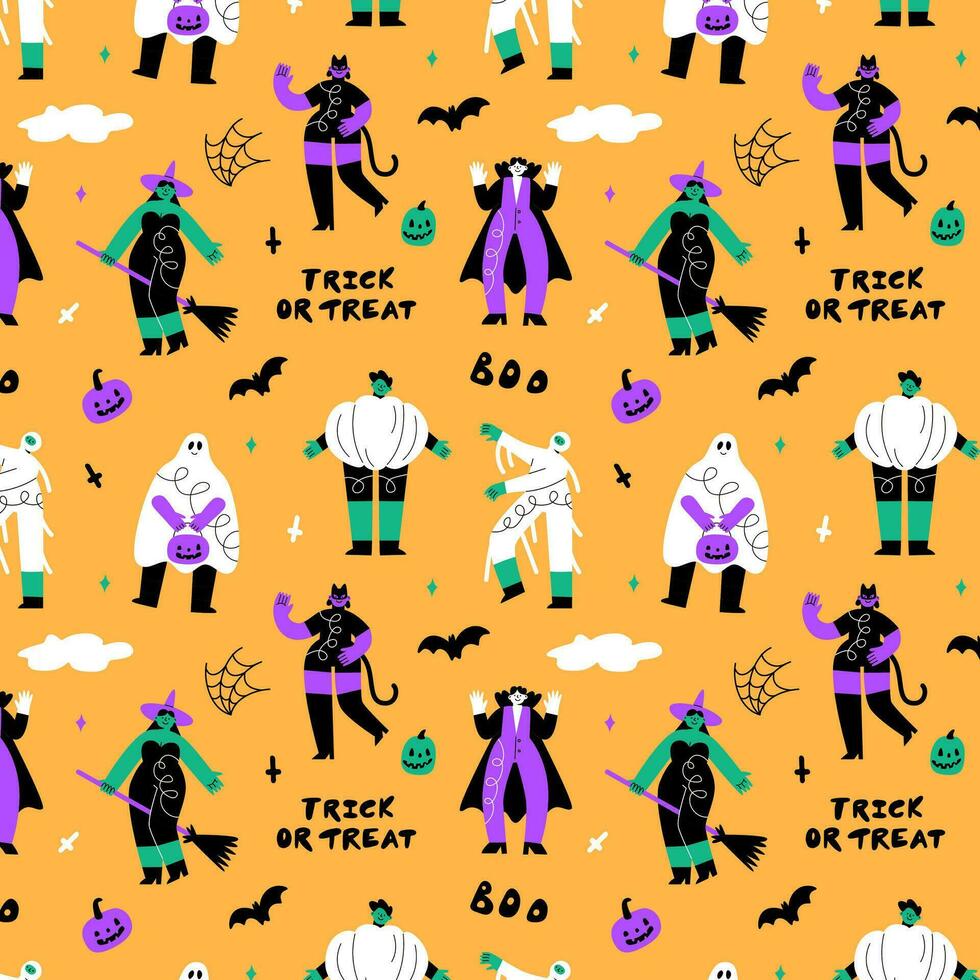 Halloween nahtlos Muster. Menschen im Kostüme beim das Festival. Hexe, Vampir, Mama und Kürbis vektor