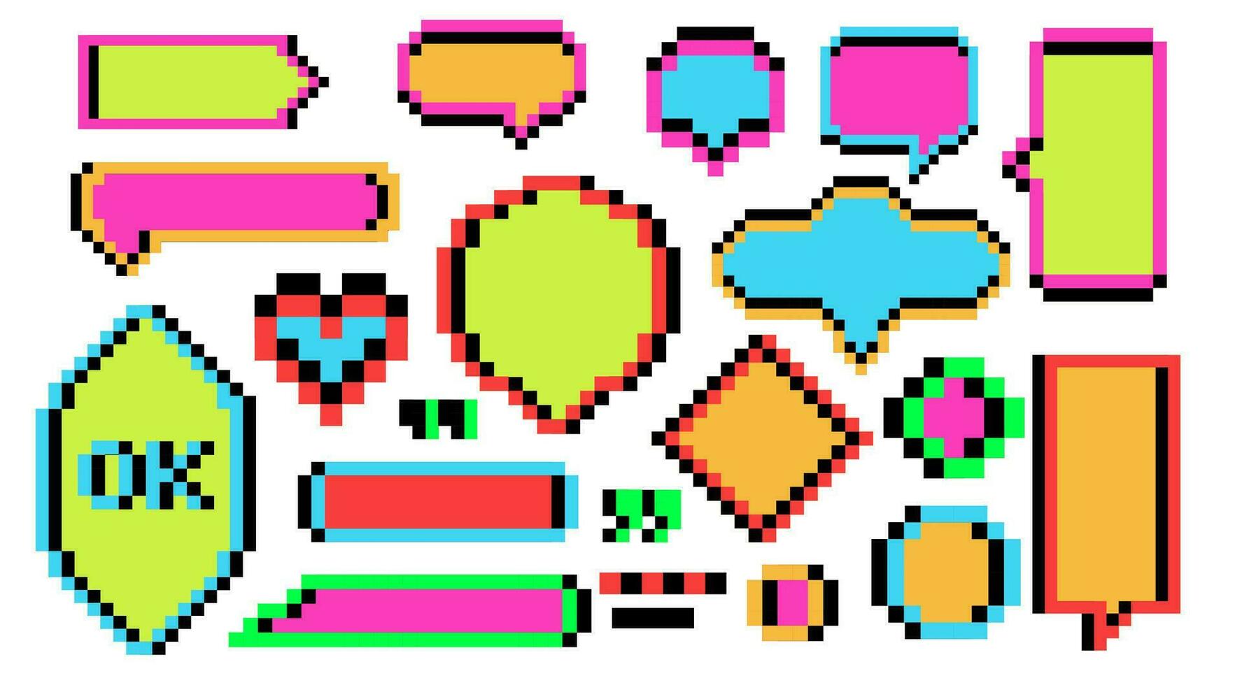 geometrisch Pixel retro SMS Dialog Boxen. farbig 90er Jahre Spiel Zitat Rahmen Vektor Rede Luftblasen .
