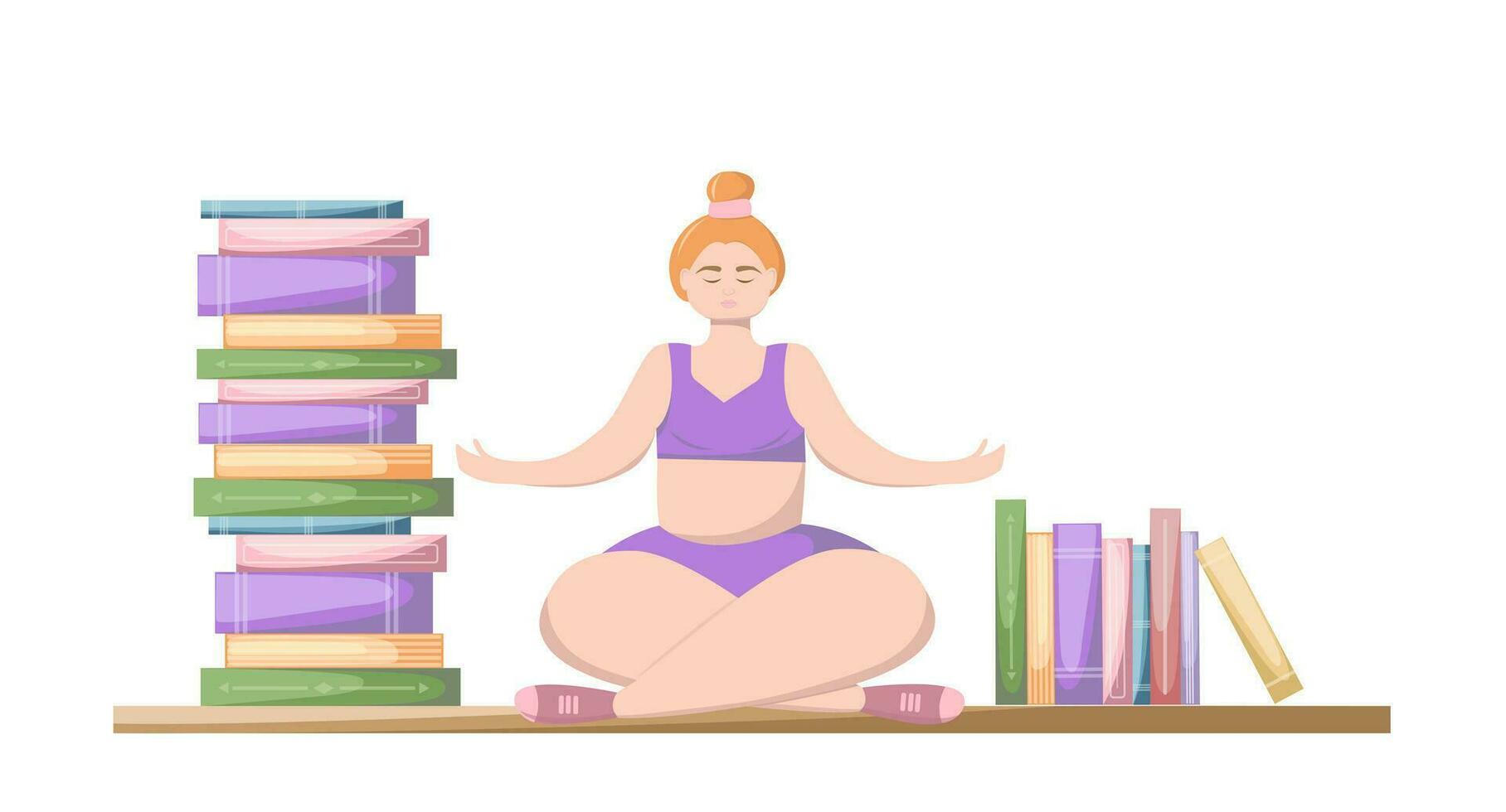 färgad böcker med plus storlek flicka håller på med yoga i lotus placera. begrepp av learning.meditation, avslappning, balans begrepp för baner, hemsida design eller landning webb sida. vektor illustration