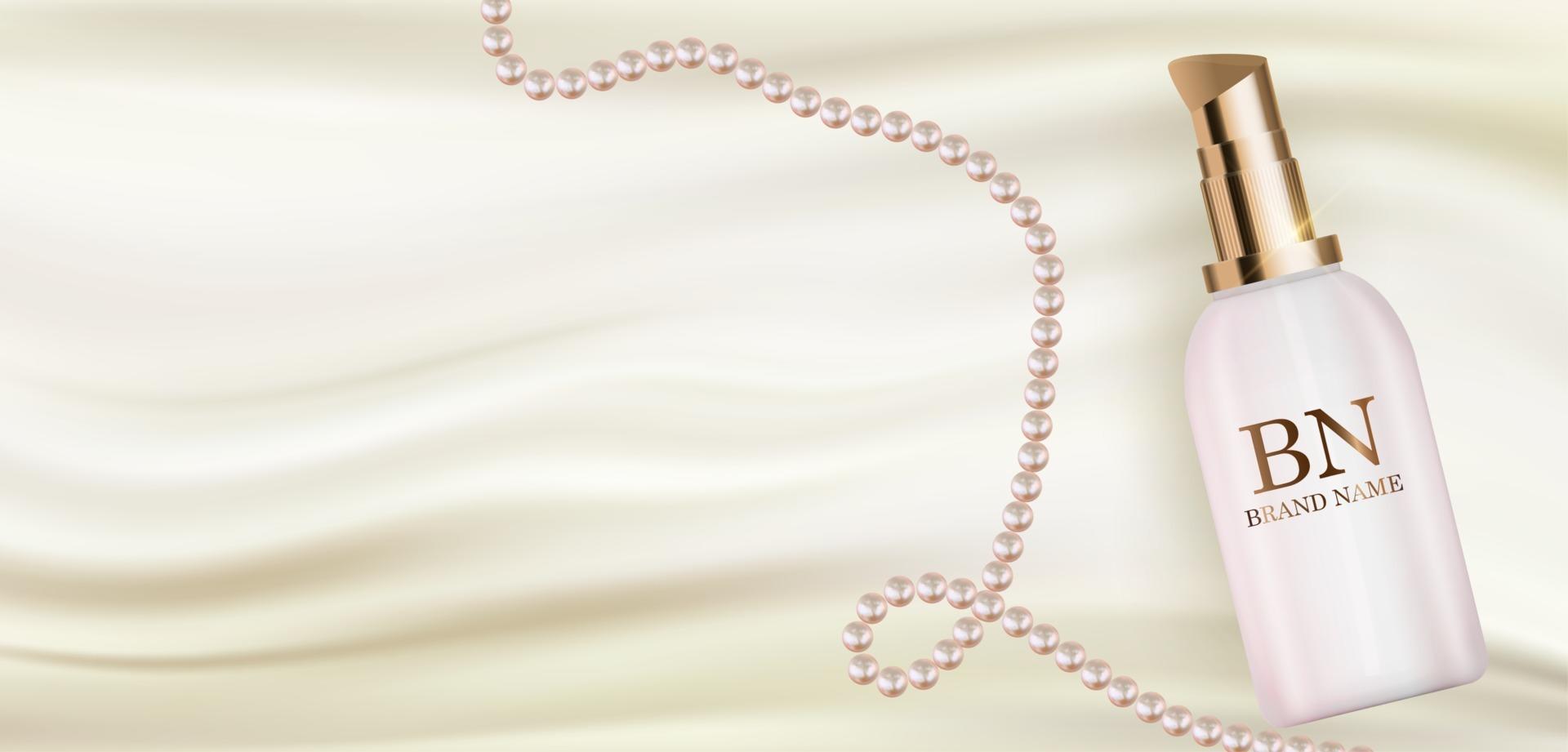 Realistische Cremeflasche 3d auf weißer Seide mit Perlendesignschablone des Modekosmetikprodukts für Anzeigen, Flyer, Banner oder Zeitschriftenhintergrund. Vektor-Illustration vektor