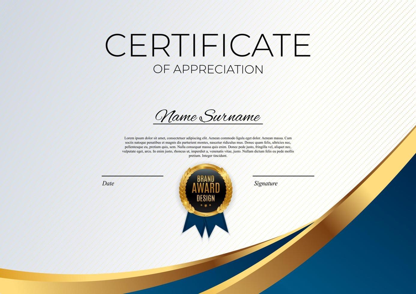 blå och guld certifikat för prestation mall bakgrund med guld märke och kant. utmärkelsen diplom design tom. vektor illustration eps10