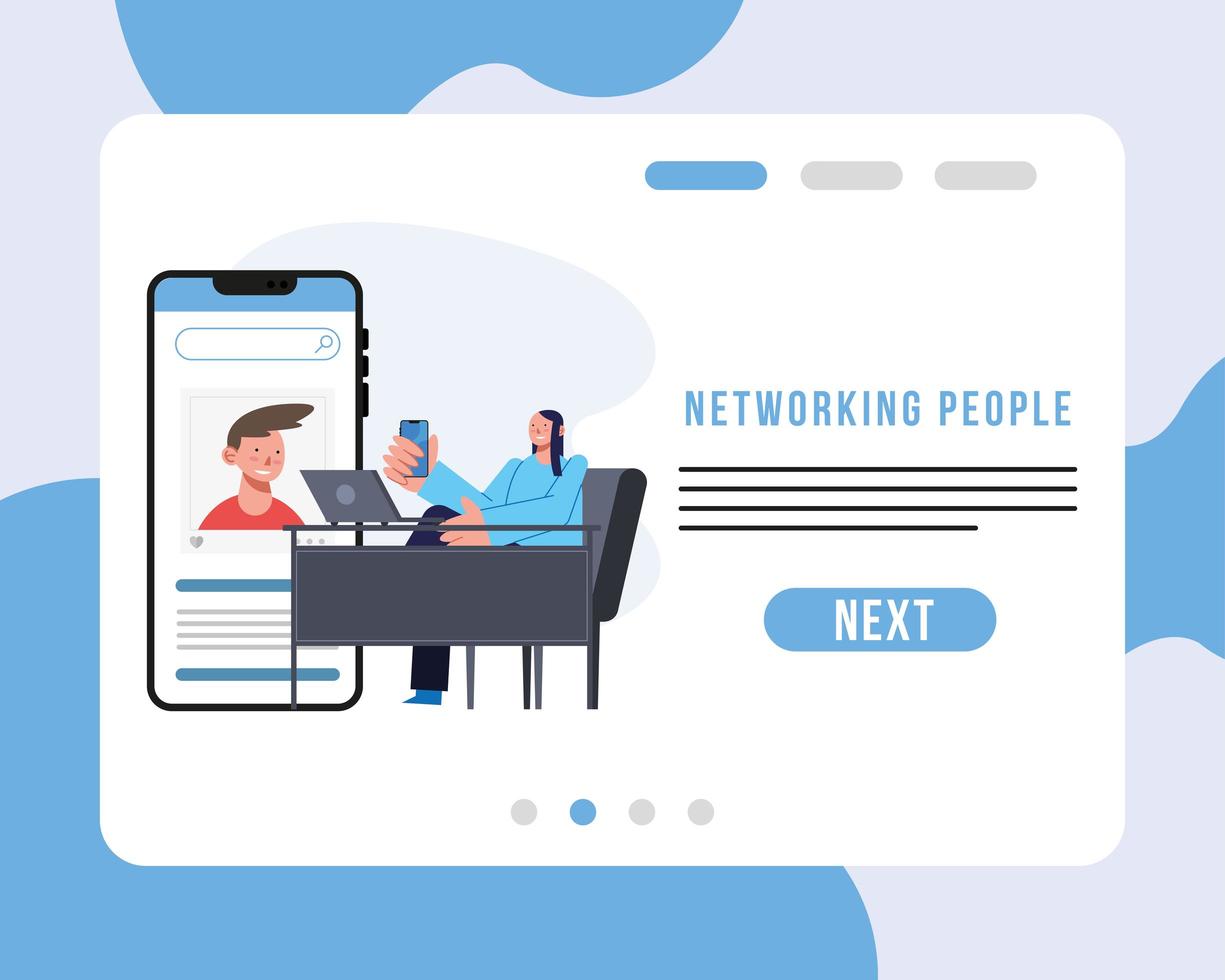 nätverkande människor och kvinna vid skrivbordsvektordesign vektor