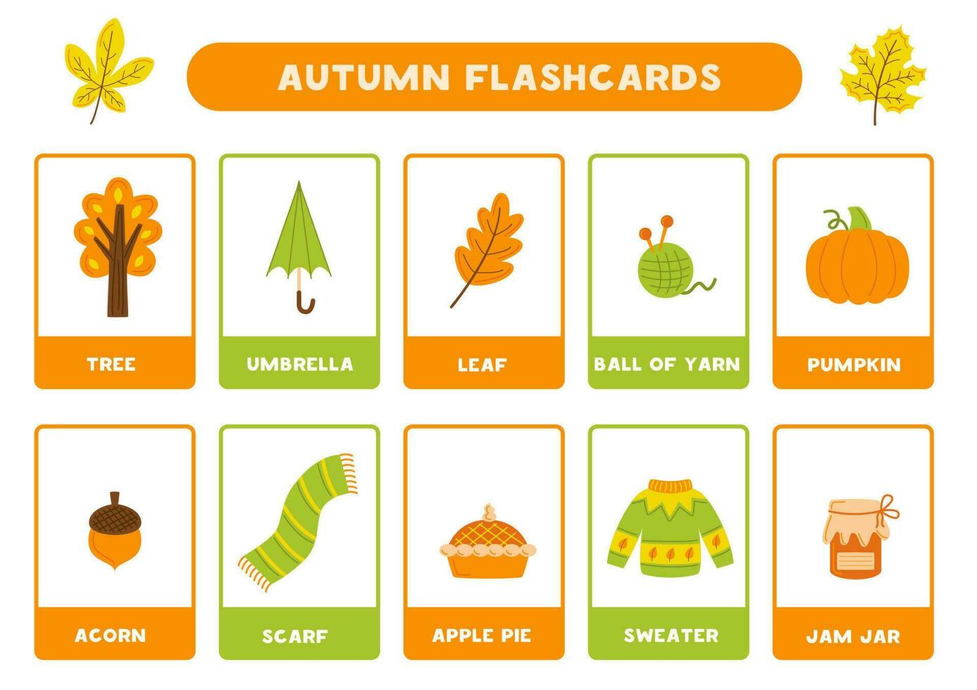 süß Herbst Elemente mit Namen. Karteikarten zum Lernen Englisch. vektor