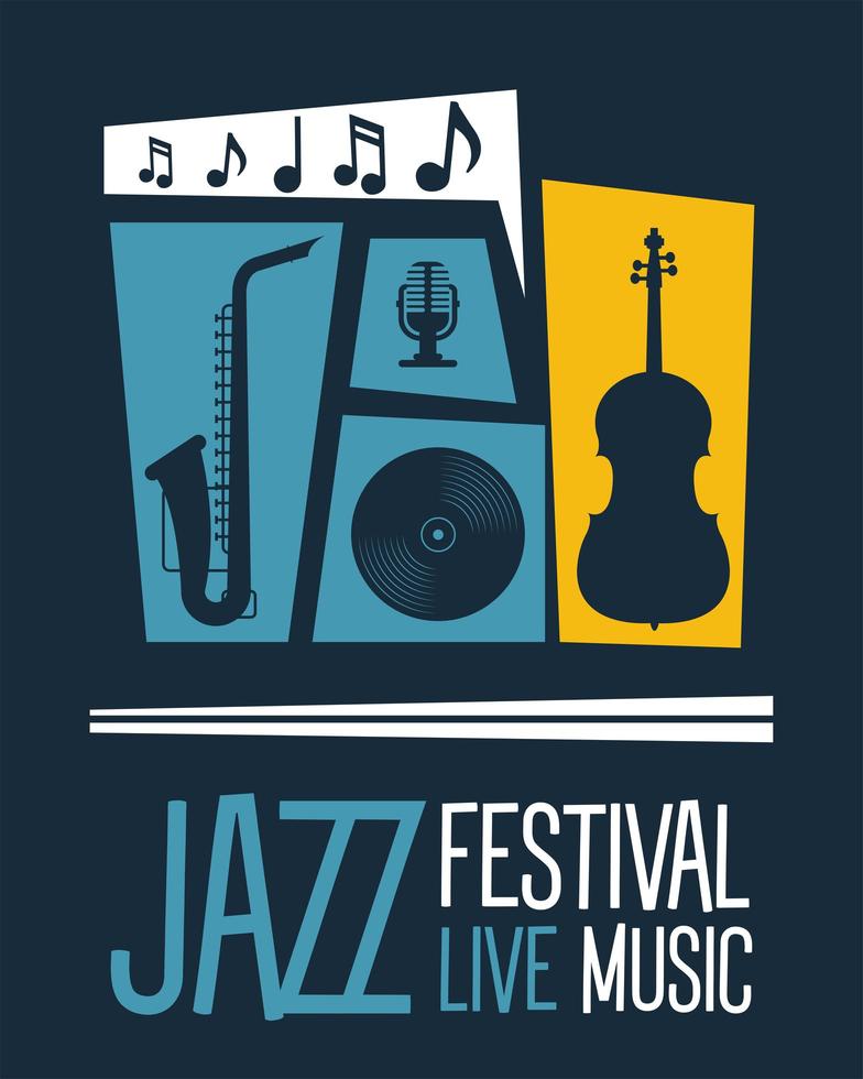 Jazzfestivalplakat mit Instrumenten und Schriftzug vektor