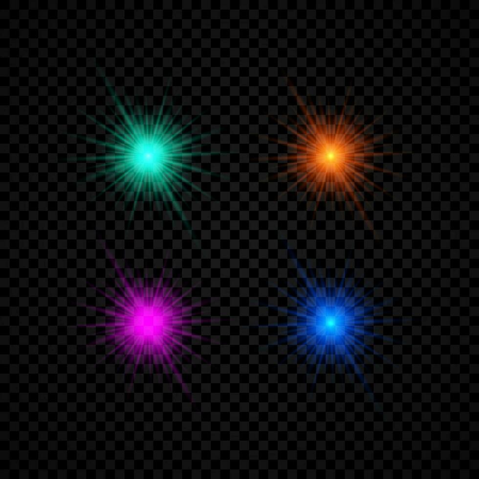 ljus effekt av lins bloss. uppsättning av fyra grön, orange, lila och blå lysande lampor starburst effekter med pärlar på en mörk vektor